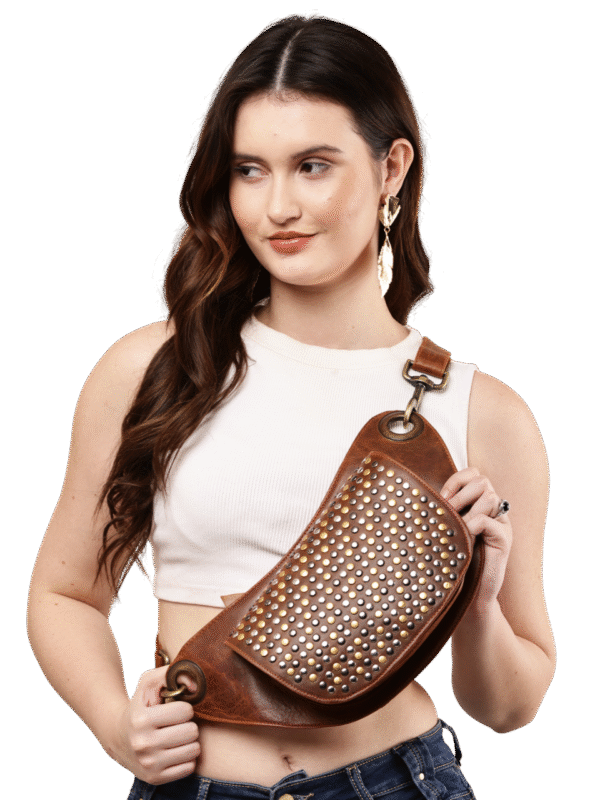 Full studded Vintage Brown leather waist pouch by Dario Lario – handmade vintage rock belt bag (2)-Photoroom