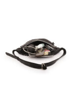 Black leather waist pouch with silver metal studs and dual zipper design – Dario Lario streetwear belt bag