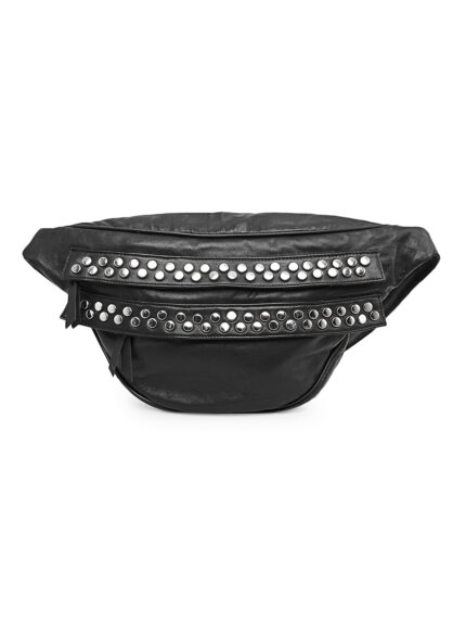 Black leather waist pouch with silver metal studs and dual zipper design – Dario Lario streetwear belt bag