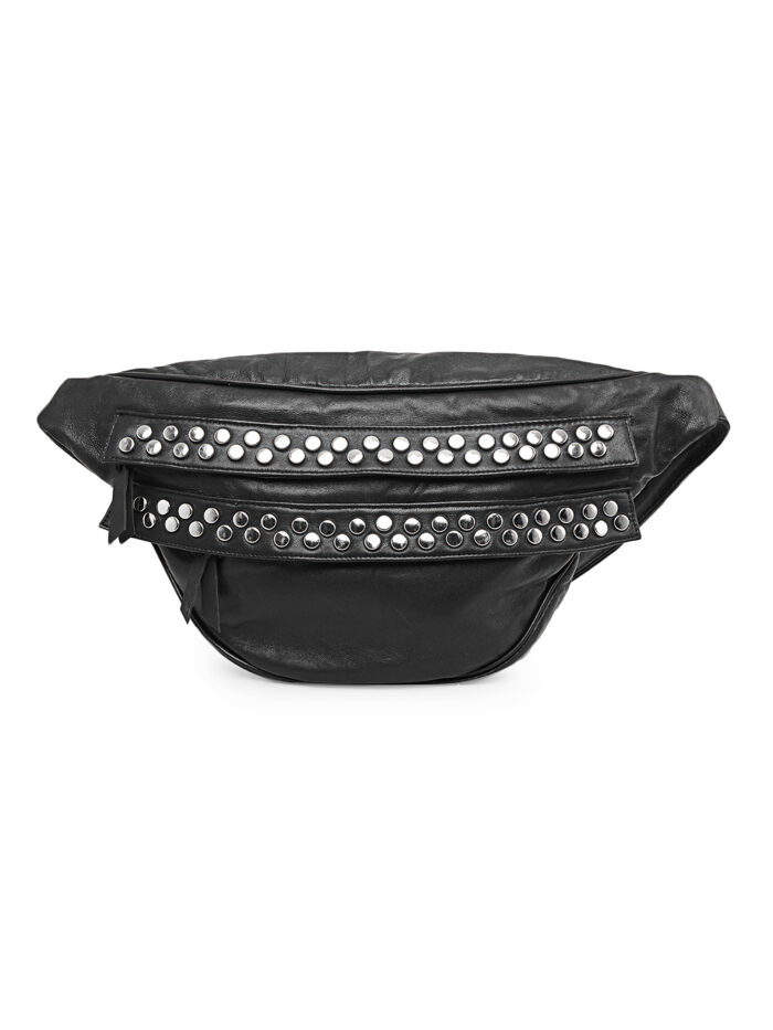 Black leather waist pouch with silver metal studs and dual zipper design – Dario Lario streetwear belt bag
