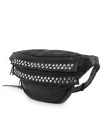 Black leather waist pouch with silver metal studs and dual zipper design – Dario Lario streetwear belt bag