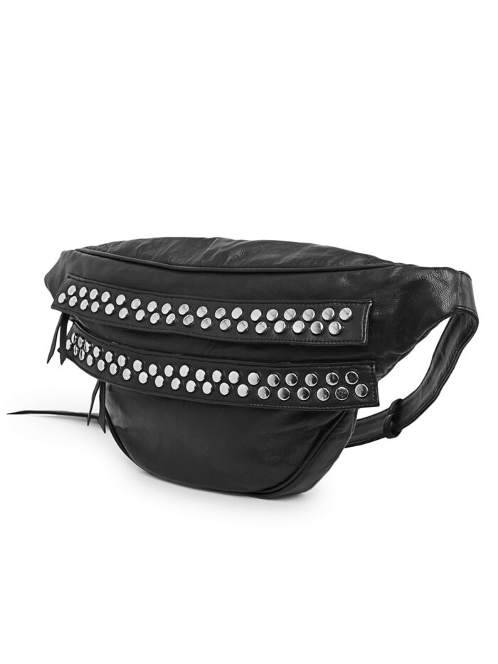 Black leather waist pouch with silver metal studs and dual zipper design – Dario Lario streetwear belt bag