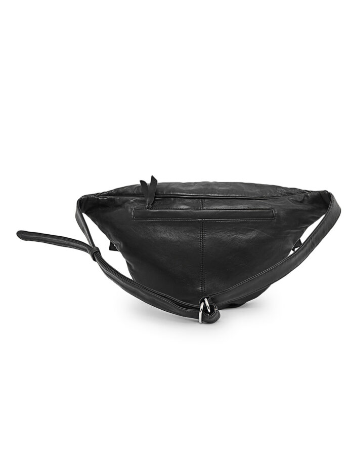 Black leather waist pouch with silver metal studs and dual zipper design – Dario Lario streetwear belt bag