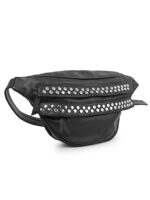 Black leather waist pouch with silver metal studs and dual zipper design – Dario Lario streetwear belt bag