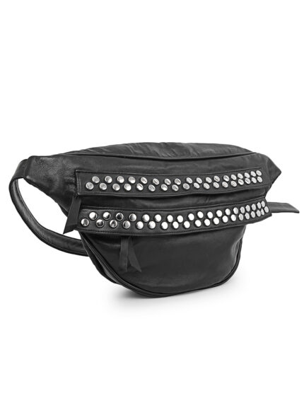 Black leather waist pouch with silver metal studs and dual zipper design – Dario Lario streetwear belt bag