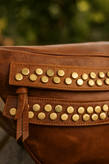 premium studded brown leather belt bag by dario lario – handcrafted crossbody waist package