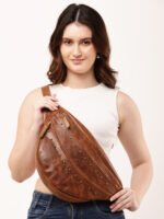 Antique Brown Leather Studded Waist Pouch Handmade Vintage Belt Bag