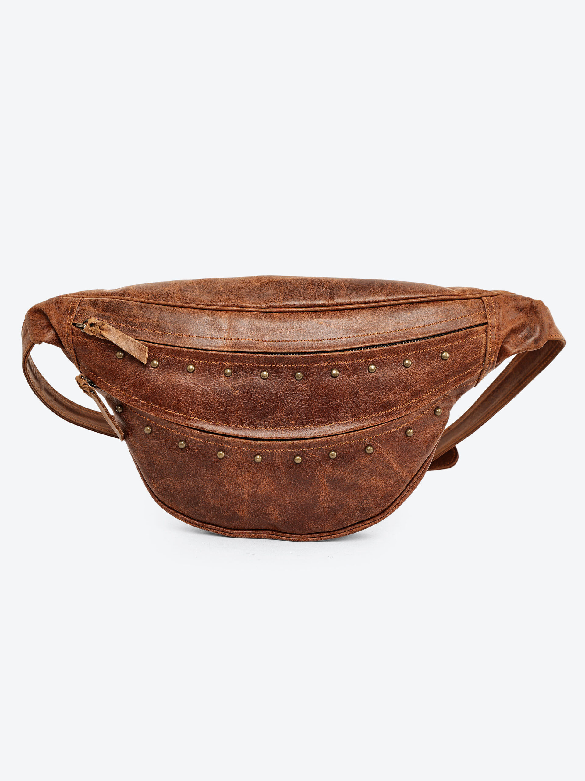 Antique Brown Leather Studded Waist Pouch Handmade Vintage Belt Bag