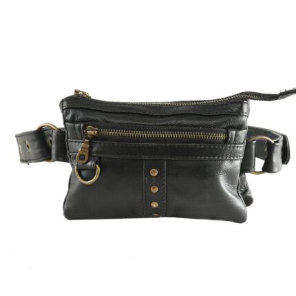 Black Leather Waist Pouch with Antique Brass Rivets Hands-Free Everyday Utility