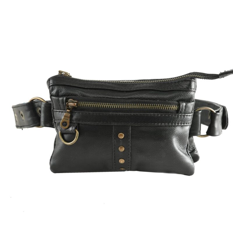 Black Leather Waist Pouch with Antique Brass Rivets Hands-Free Everyday Utility