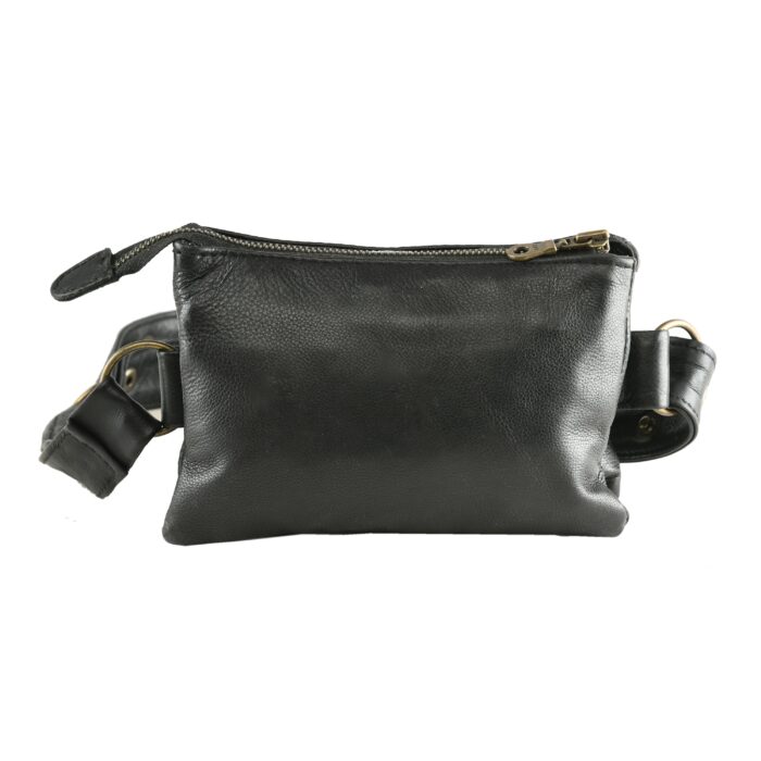 Black Leather Waist Pouch with Antique Brass Rivets Hands-Free Everyday Utility