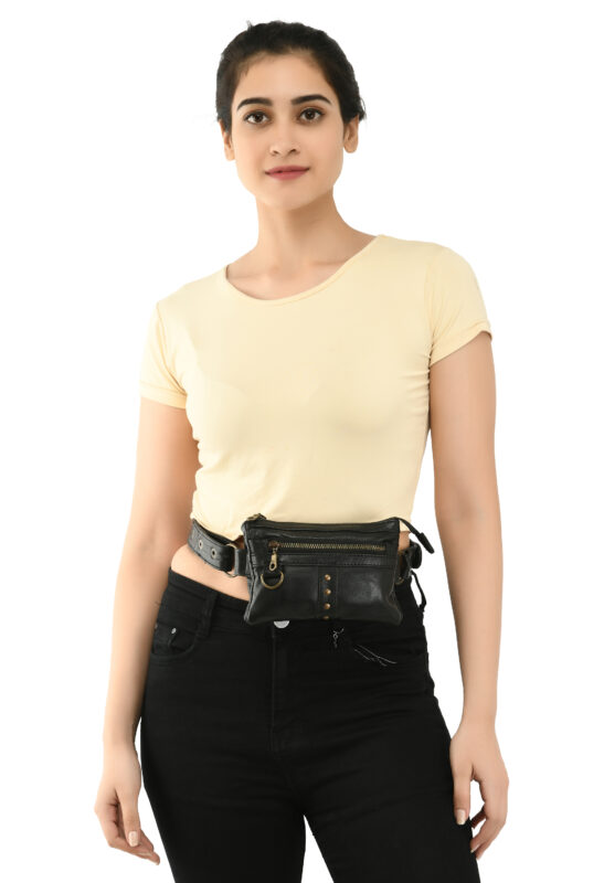 Black Leather Waist Pouch with Antique Brass Rivets Hands-Free Everyday Utility