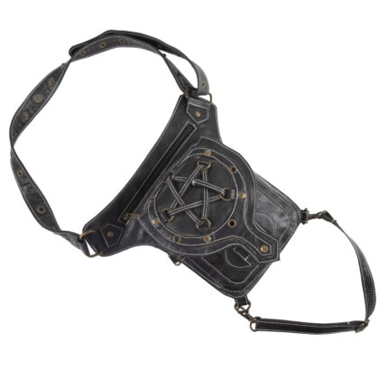 Black full-grain leather thigh pouch with cross-stitched detailing and dual waist-thigh straps – Dario Lario tactical bag