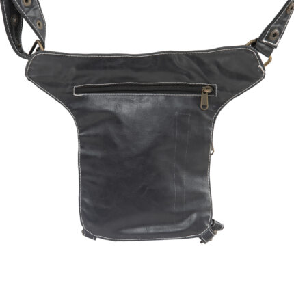Black full-grain leather thigh pouch with cross-stitched detailing and dual waist-thigh straps – Dario Lario tactical bag