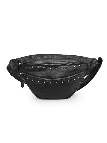Black full grain leather waist pouch with silver stud detailing and dual zippers