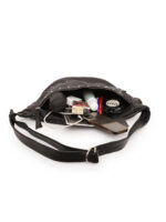 Black full grain leather waist pouch with silver stud detailing and dual zippers