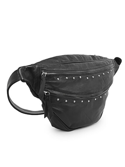 Black full grain leather waist pouch with silver stud detailing and dual zippers