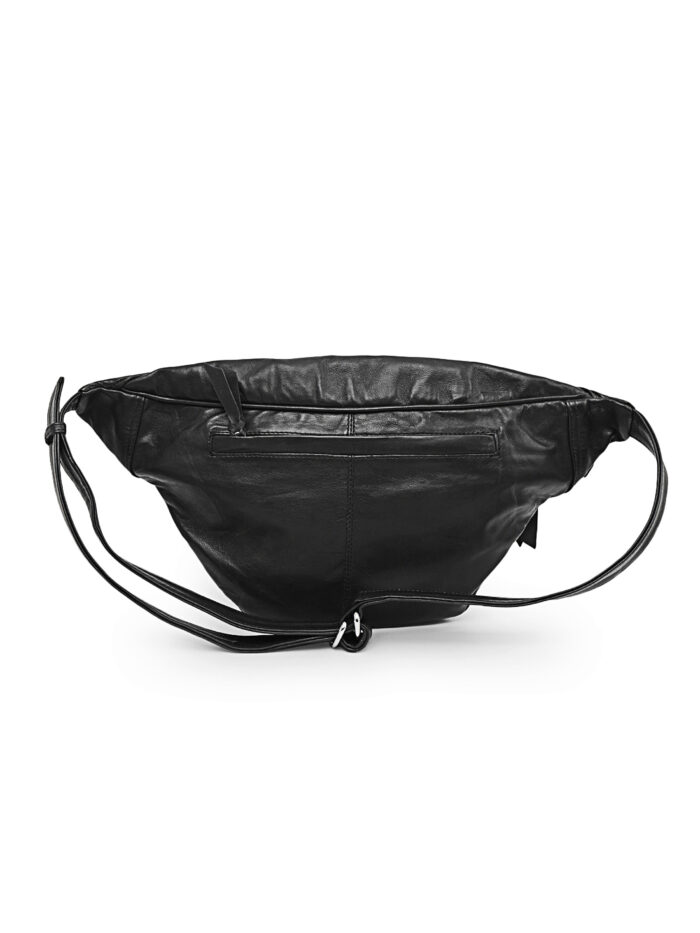 Black full grain leather waist pouch with silver stud detailing and dual zippers