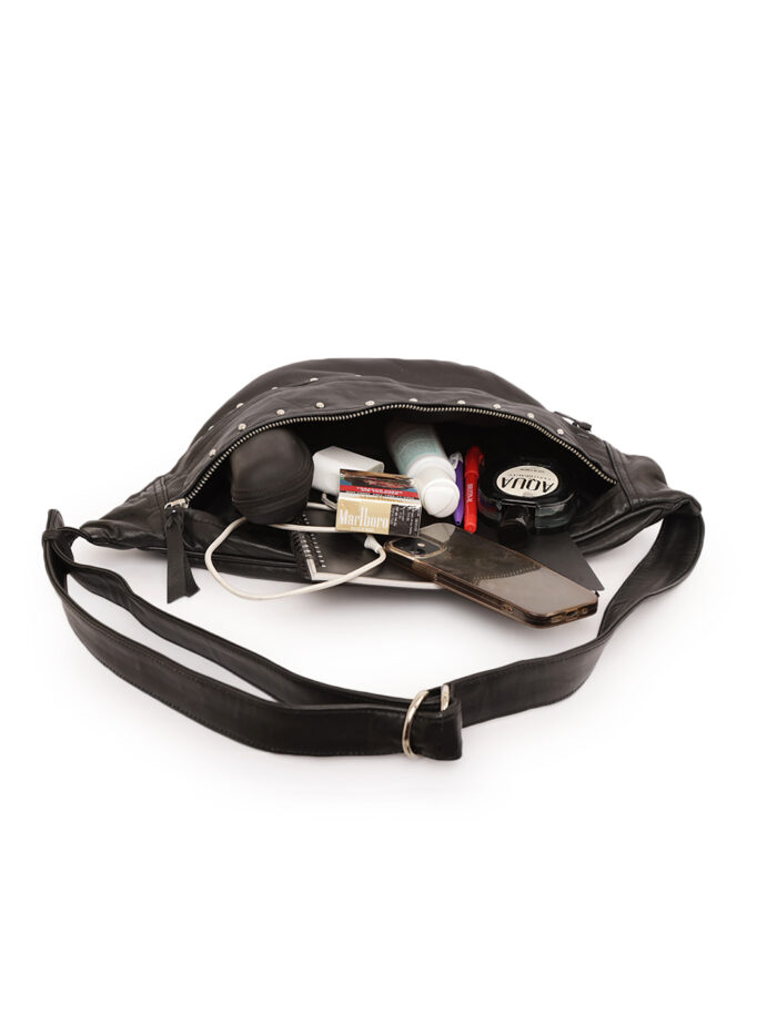 Black full grain leather waist pouch with silver stud detailing and dual zippers