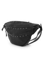 Black full grain leather waist pouch with silver stud detailing and dual zippers