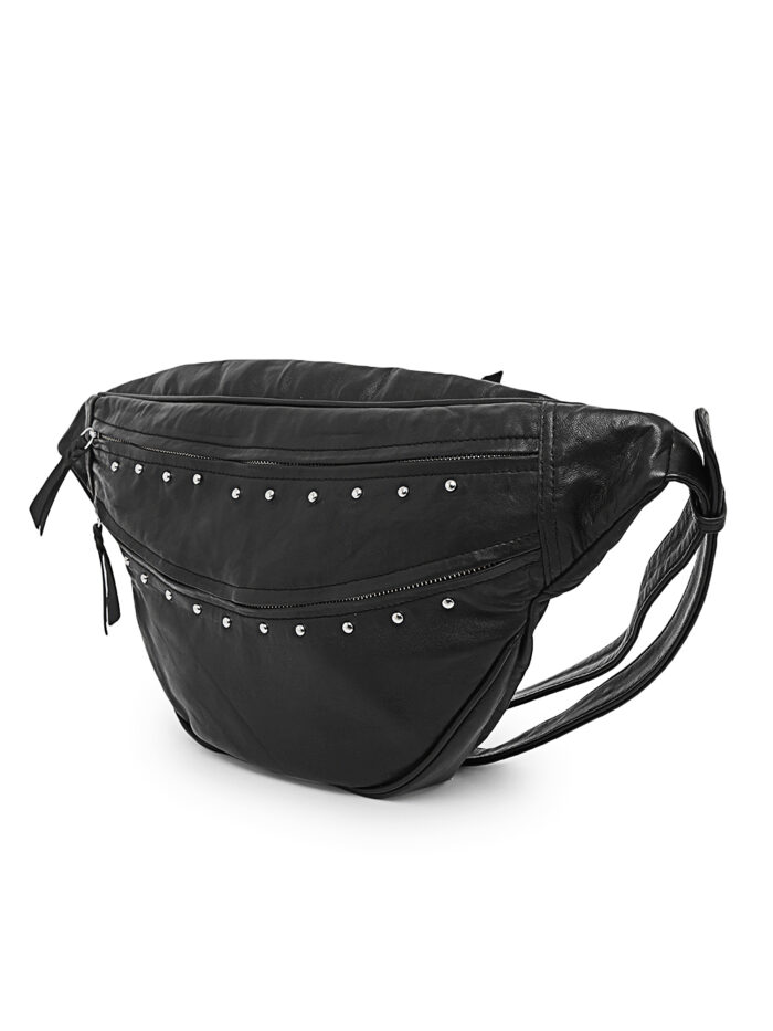 Black full grain leather waist pouch with silver stud detailing and dual zippers