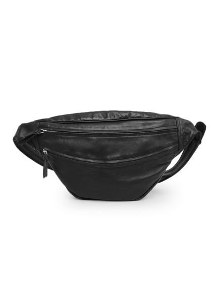 Black leather waist pouch with clean minimalist finish and dual zip compartments – Dario Lario