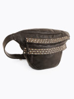 Black leather waist pouch with dual rows of antique-finish studs and adjustable strap – Dario Lario