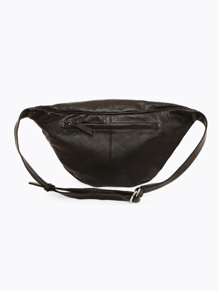 Black leather waist pouch with dual rows of antique-finish studs and adjustable strap – Dario Lario