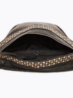 Black leather waist pouch with dual rows of antique-finish studs and adjustable strap – Dario Lario