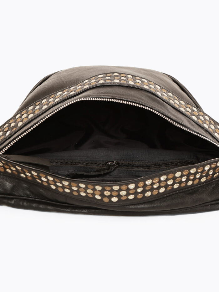 Black leather waist pouch with dual rows of antique-finish studs and adjustable strap – Dario Lario