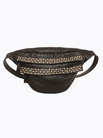 Black leather waist pouch with dual rows of antique-finish studs and adjustable strap – Dario Lario
