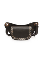 Black leather waist pouch with flap closure and silver rivet detailing Dario Lario saddle style hip bag