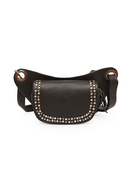 Black leather waist pouch with flap closure and silver rivet detailing Dario Lario saddle style hip bag