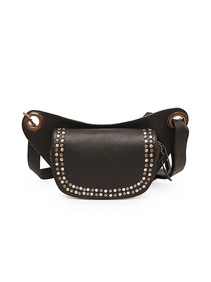 Black leather waist pouch with flap closure and silver rivet detailing Dario Lario saddle style hip bag