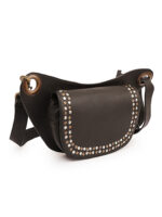 Black leather waist pouch with flap closure and silver rivet detailing Dario Lario saddle style hip bag