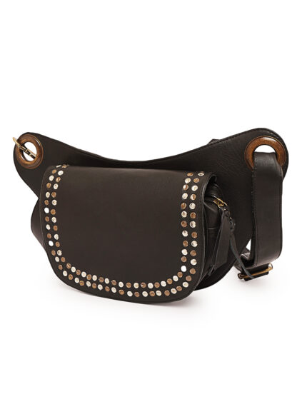 Black leather waist pouch with flap closure and silver rivet detailing Dario Lario saddle style hip bag