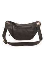 Black leather waist pouch with flap closure and silver rivet detailing Dario Lario saddle style hip bag