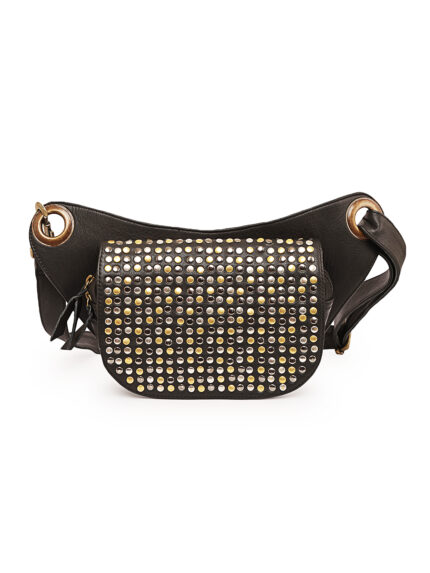 Black leather waist pouch with full metallic studded flap in gold and silver – Dario Lario Rebel Edition
