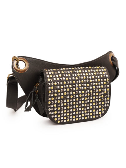 Black leather waist pouch with full metallic studded flap in gold and silver – Dario Lario Rebel Edition