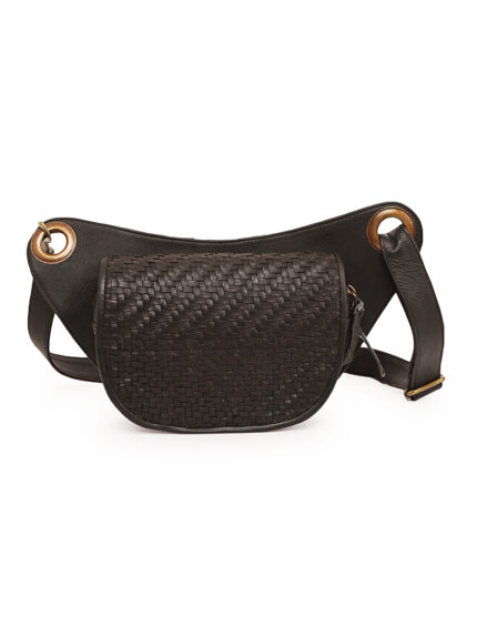 Black leather waist pouch with handwoven flap and adjustable strap – Dario Lario artisan edition