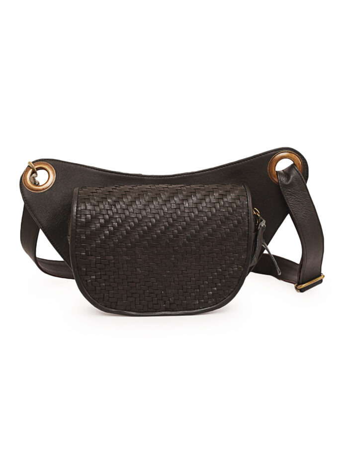 Black leather waist pouch with handwoven flap and adjustable strap – Dario Lario artisan edition