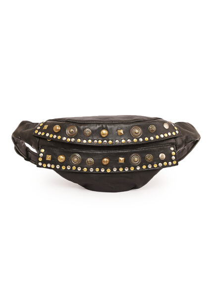 Black leather waist pouch with mixed antique metal studs and dual zippers – Dario Lario Festival Edition