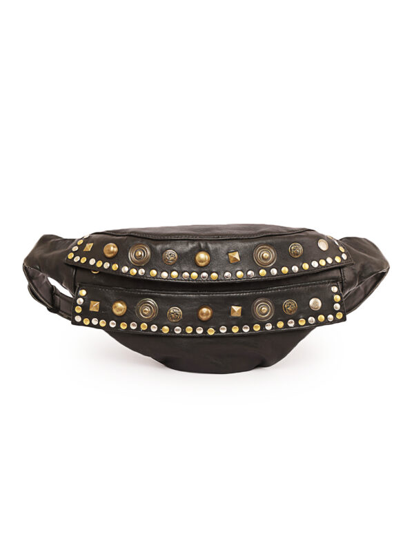 Black leather waist pouch with mixed antique metal studs and dual zippers – Dario Lario Festival Edition