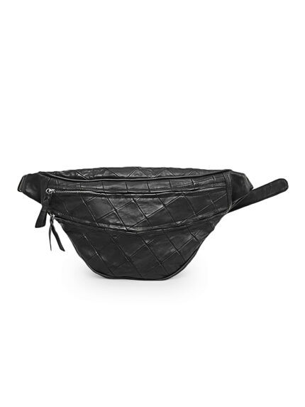 Black patchwork full-grain leather waist pouch with dual zip and adjustable strap – Dario Lario
