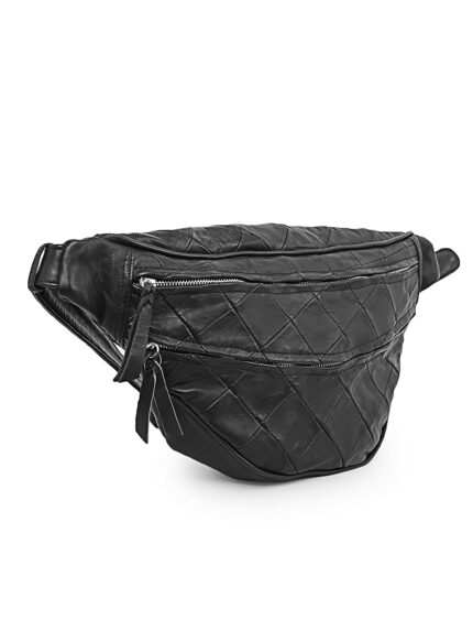 Black patchwork full-grain leather waist pouch with dual zip and adjustable strap – Dario Lario