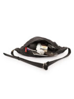 Black patchwork full-grain leather waist pouch with dual zip and adjustable strap – Dario Lario
