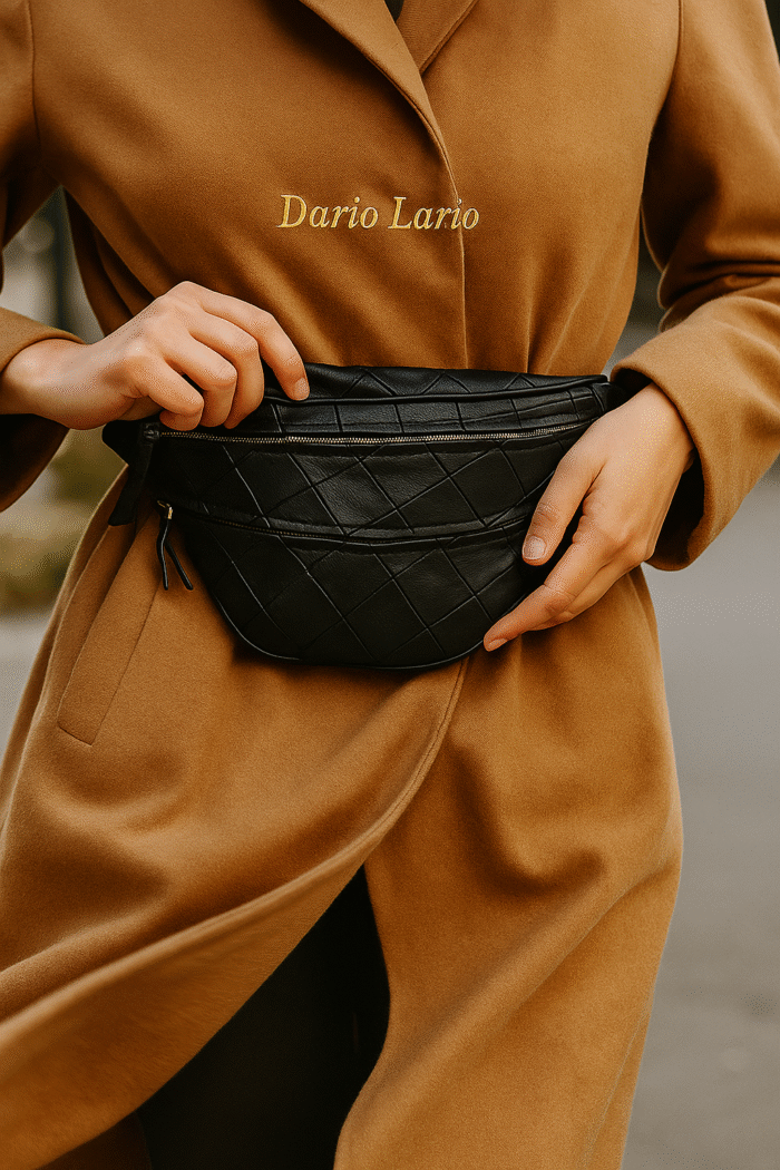 Black patchwork full-grain leather waist pouch with dual zip and adjustable strap – Dario Lario