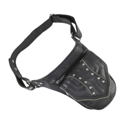 “Black studded leather waist pouch with double zippers and adjustable strap – handcrafted genuine leather hip bag by Dario Lario”