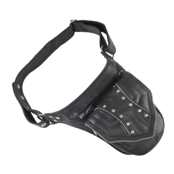 “Black studded leather waist pouch with double zippers and adjustable strap – handcrafted genuine leather hip bag by Dario Lario”