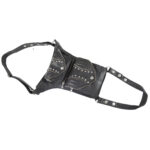 Black tactical leather thigh bag with two riveted zip compartments and leg strap by Dario Lario